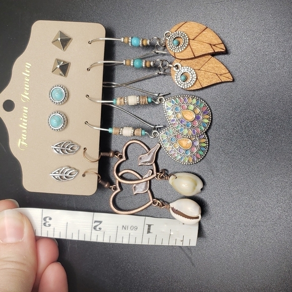 BOHEMIAN earrings dove heart pookah sea shell leaf 6 piece set - Picture 3 of 5